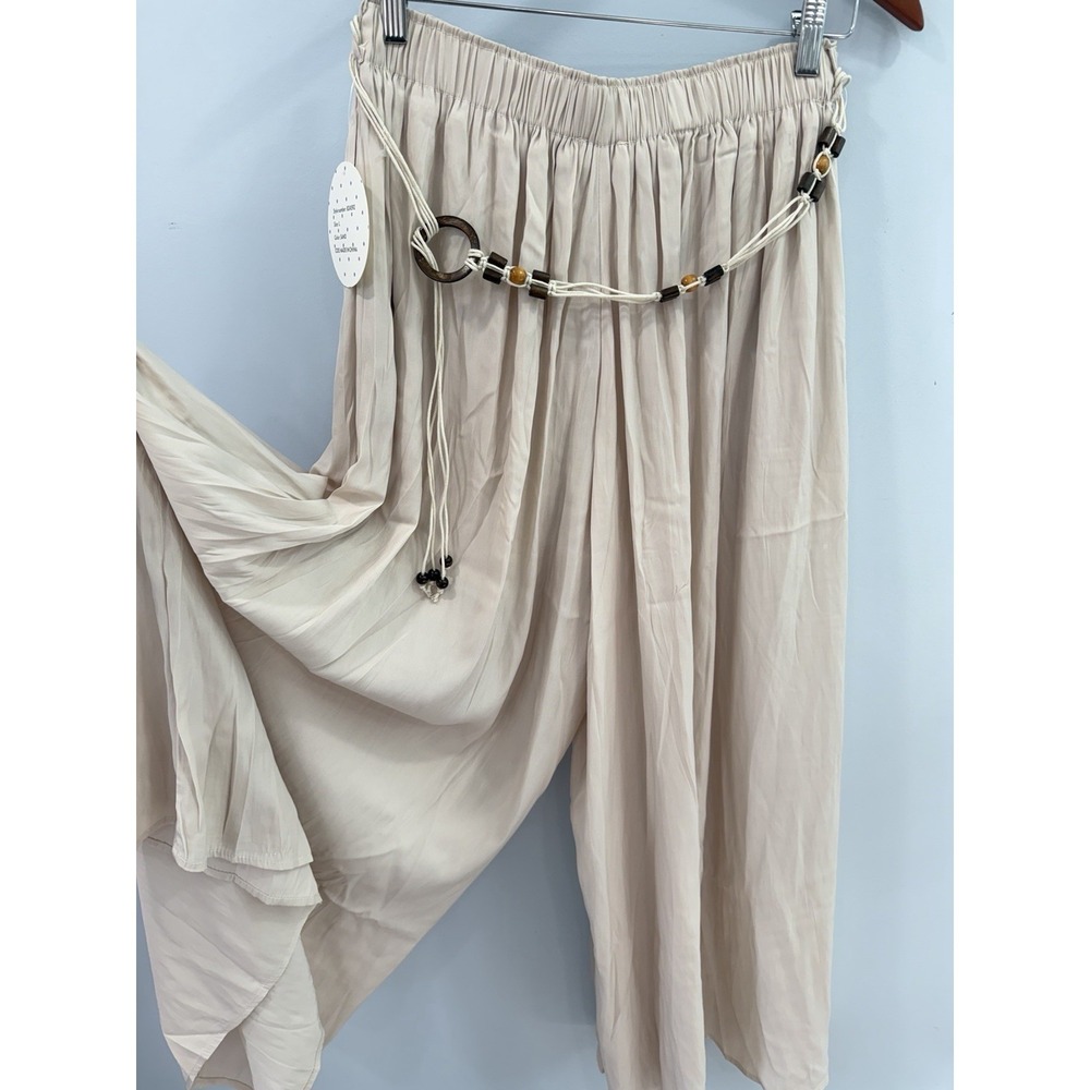 Passport Wide Leg Palazzo Pants Large Beige Flowy Boho Pull On NWT With Belt